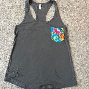 Ladies Gray with Floral Pocket Wahine Hawaiian Racerback tank | Ideal T | size M